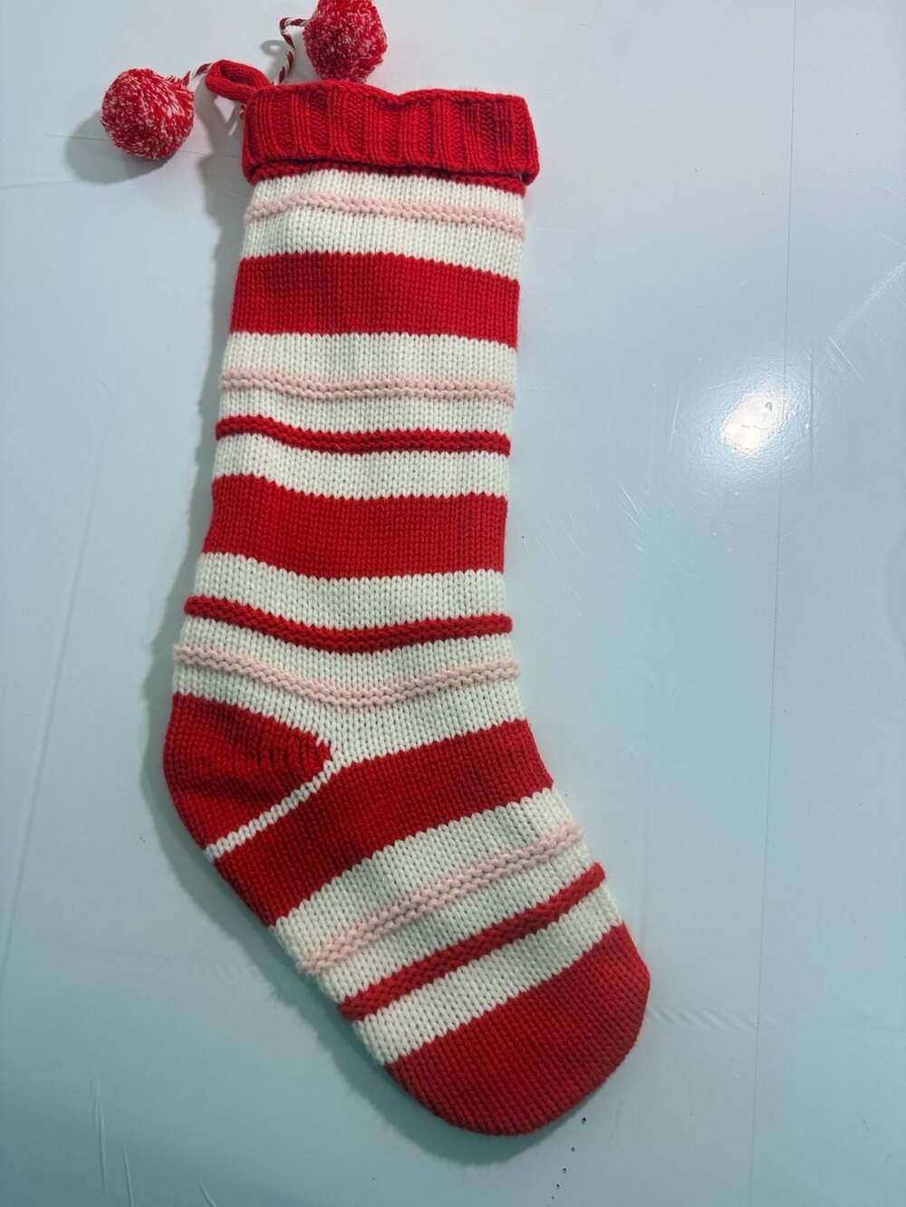 Pottery Barn Striped Knit Christmas Stocking Red White Pom Pom